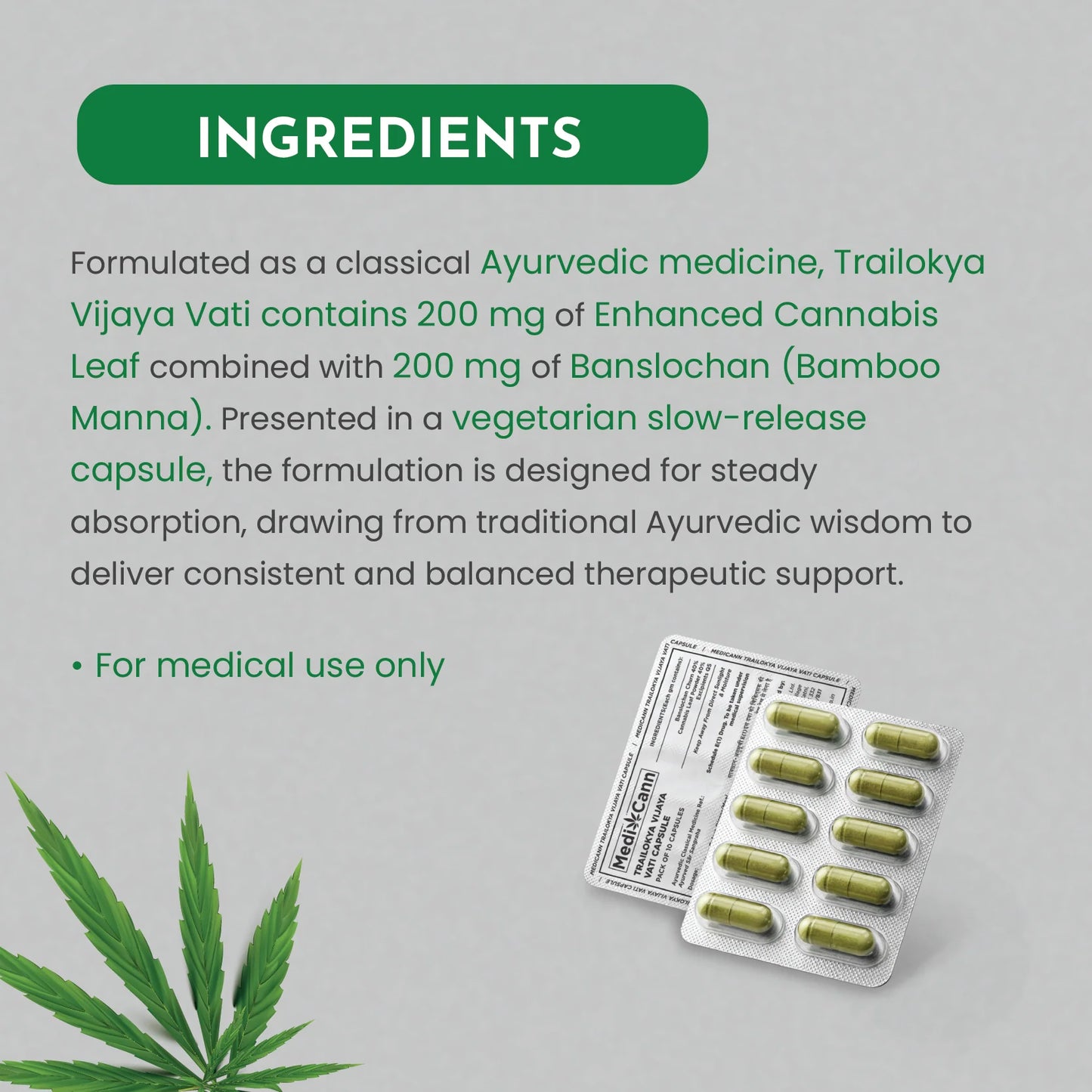 Ingredients information for a classical Ayurvedic medicine product with capsules and cannabis leaf on a gray background.