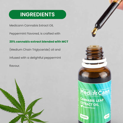 Open bottle of MediCann Cannabis Leaf Extract Oil with a dropper, ingredient description, and a cannabis leaf.
