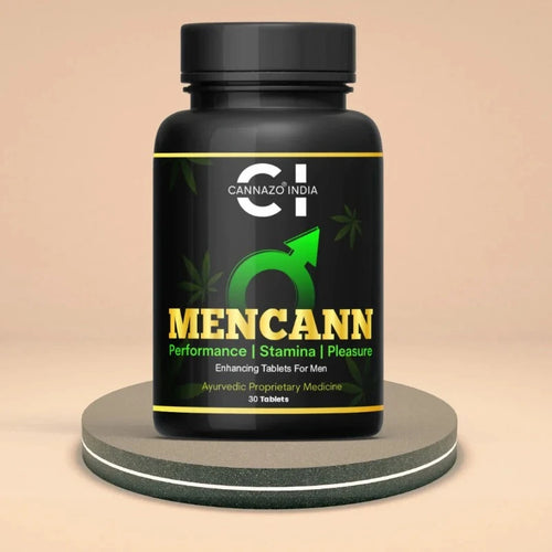 a black bottle contains cannazo mencann sexual booster with green text and yellow text.