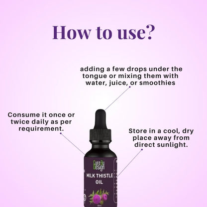 Bottle of Milk Thistle Oil with usage instructions on a purple background