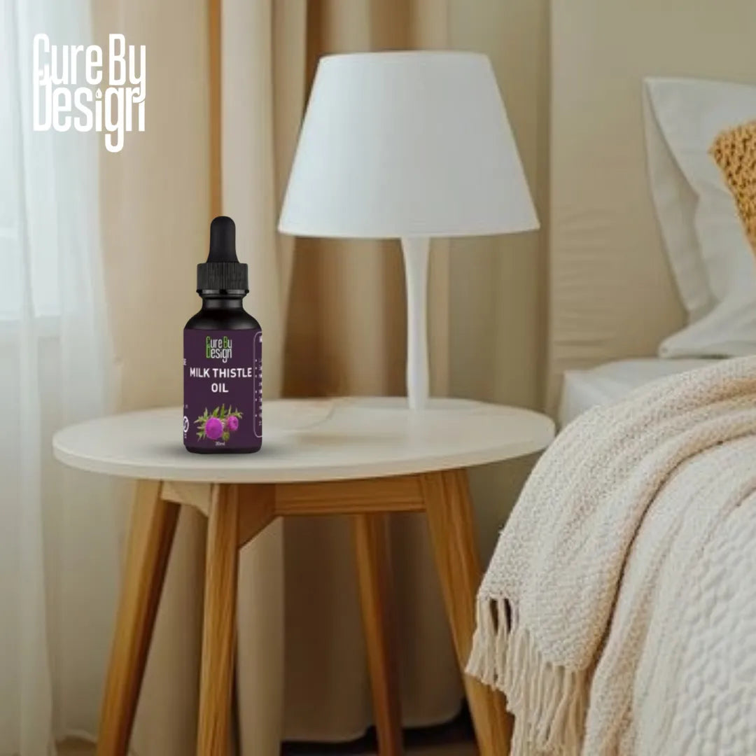 Milk thistle oil bottle on a nightstand with a lamp and bed in the background
