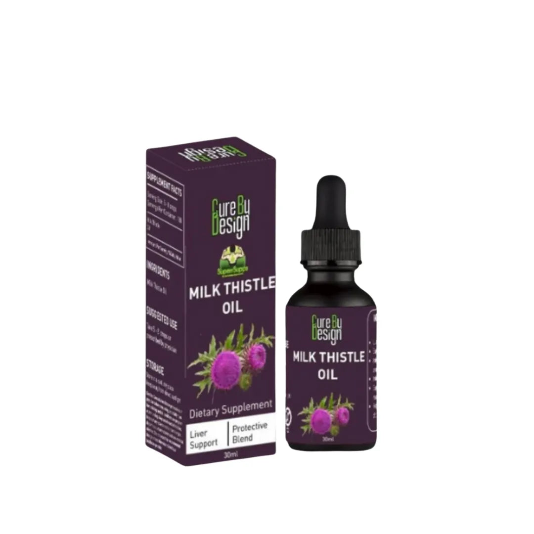 Purple bottle and box of Cure by Design Milk Thistle Oil on a white background