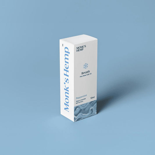 White box with blue text "Monk's Hemp - Breath Pain Relief CBD Oil - Vigna cannabis leaf extract .