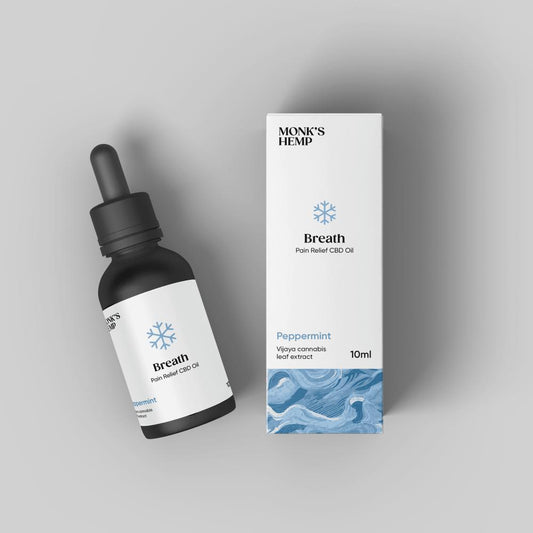 Black dropper bottle and white box labeled "Monk's Hemp Breath Pain Relief CBD Oil"