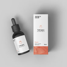 Load image into Gallery viewer, Vairagya Pain Relief CBD Oil by Monk&#39;s Hemp in a dropper bottle and packaging box on light grey background.
