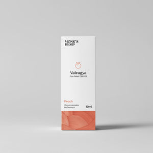 White box of Vairagya Pain Relief CBD Oil by MONK'S HEMP, with peach-color design at the bottom.