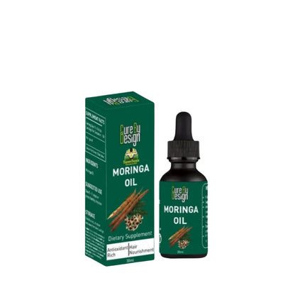 Moringa oil bottle and packaging on a white background