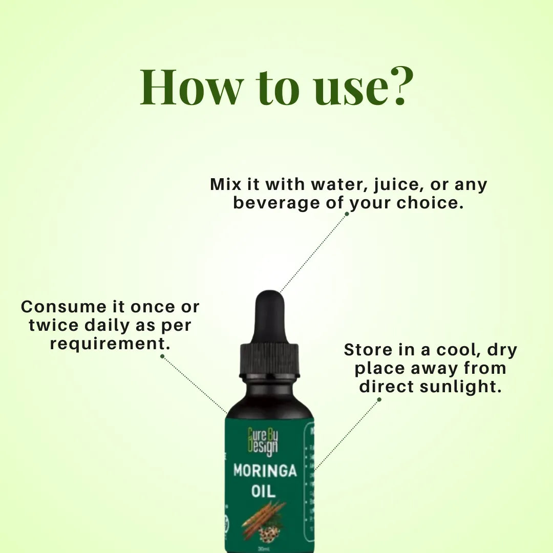 Bottle of Moringa oil with usage instructions on a green background
