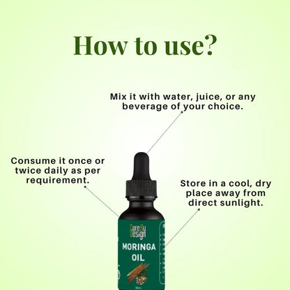 Bottle of Moringa oil with usage instructions on a green background
