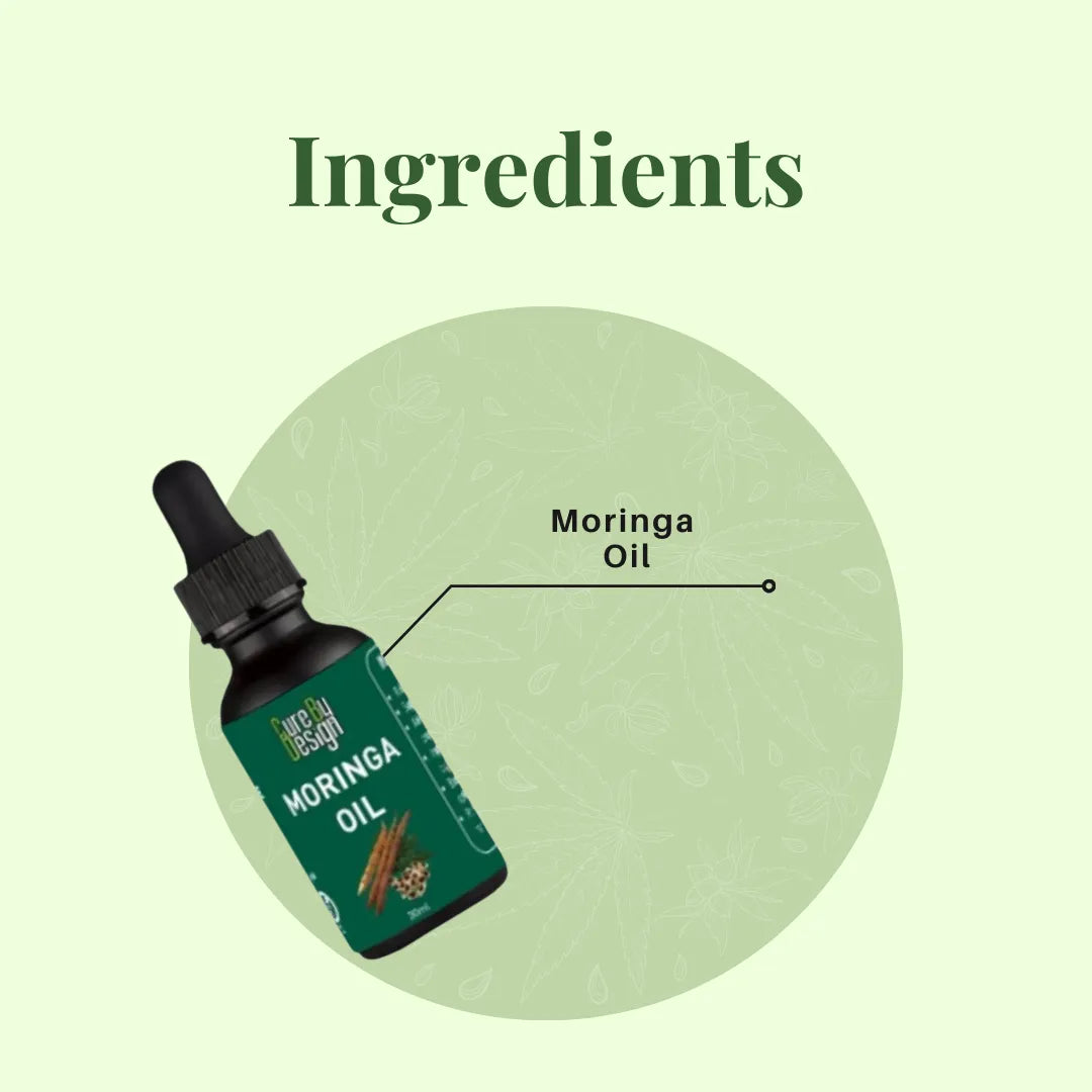 Bottle of Moringa Oil with a dropper on a green background, labeled 'Ingredients'.