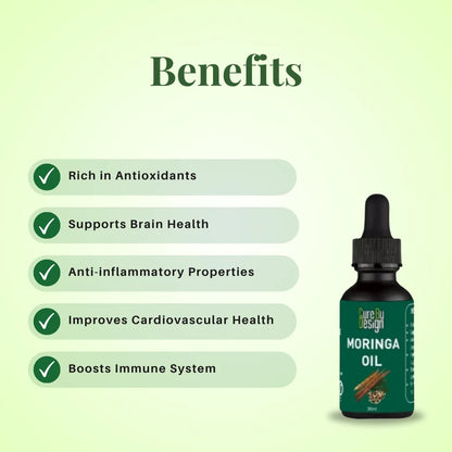 Bottle of Moringa Oil with benefits listed on a green background