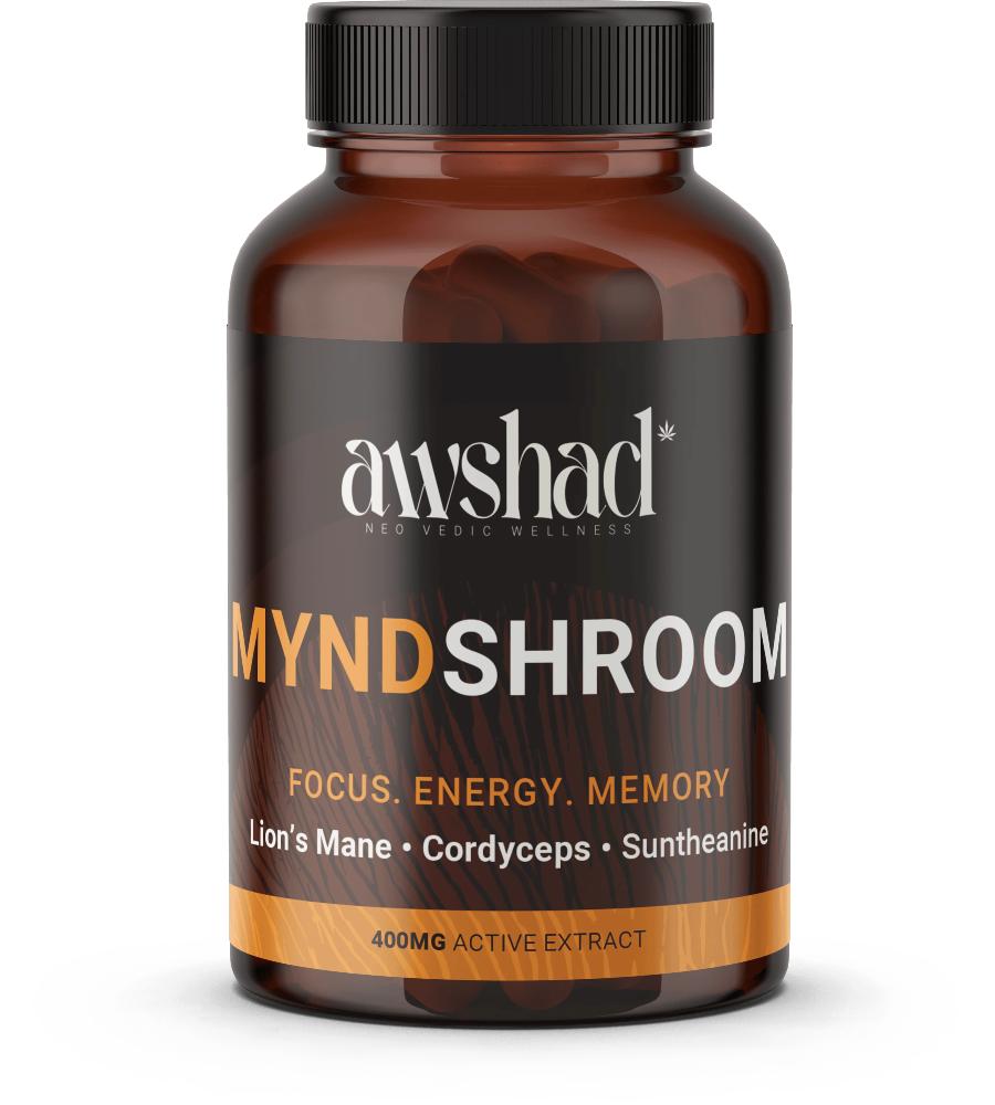 Bottle of AWSHAD MYNDSHROOM supplement with focus on focus, energy, and memory.