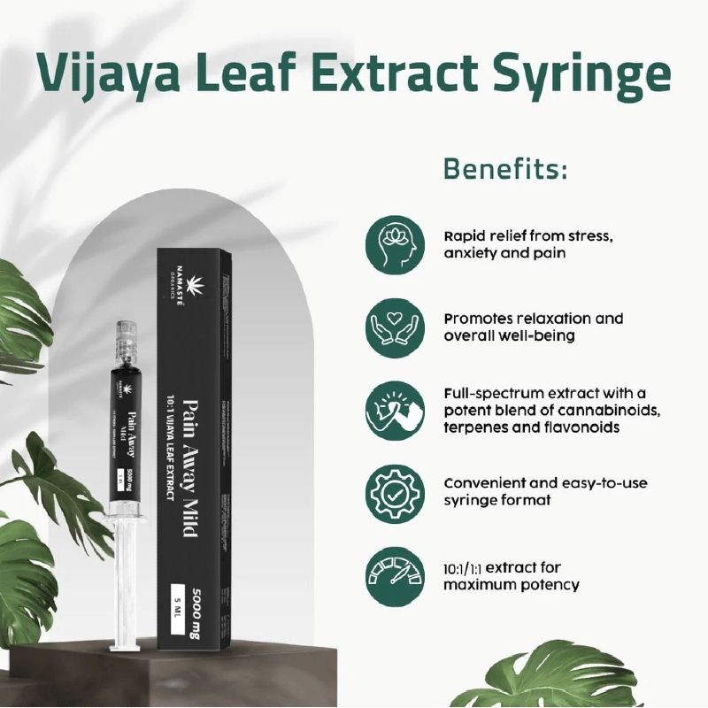 Vijaya Leaf - Medical Cannabis Leaf Extract Syringe with benefits listed on a white background with green leaves.