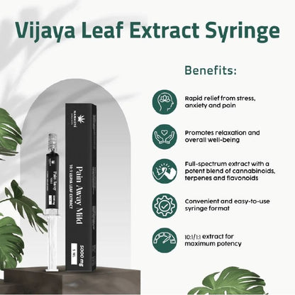 Vijaya Leaf - Medical Cannabis Leaf Extract Syringe with benefits listed on a white background with green leaves.