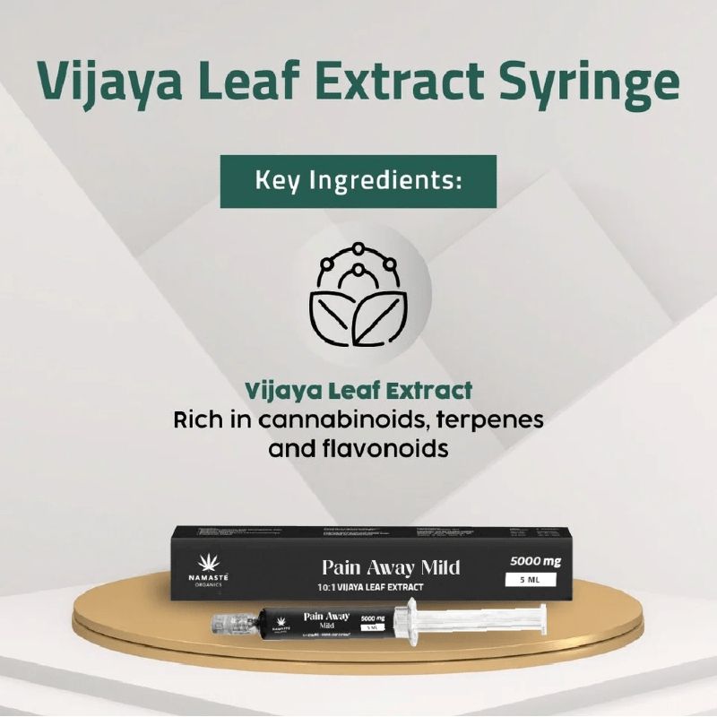 Vijaya Leaf or Medicla Cannabis Leaf Extract Syringe with key ingredients displayed on a white background