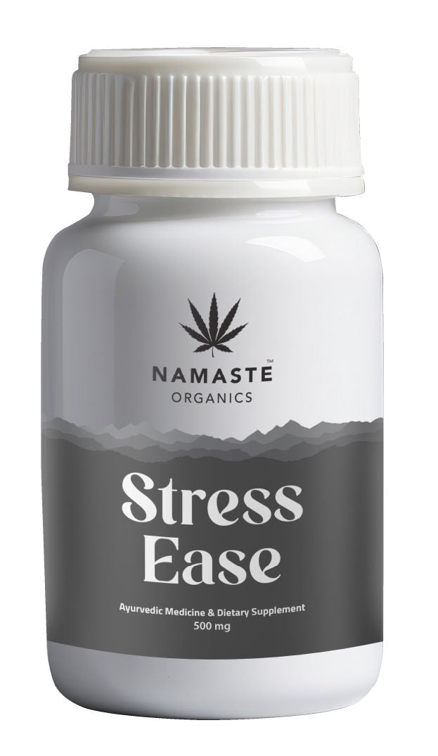 Namaste Organics Stress Ease Full spectrum CBD Oil tablet supplement bottle on a white background
