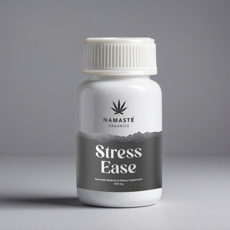 Bottle of Namaste Organics Stress Full spectrum CBD Oil tablet Ease supplement on a gray background