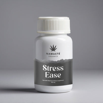 Bottle of Namaste Organics Stress Full spectrum CBD Oil tablet Ease supplement on a gray background