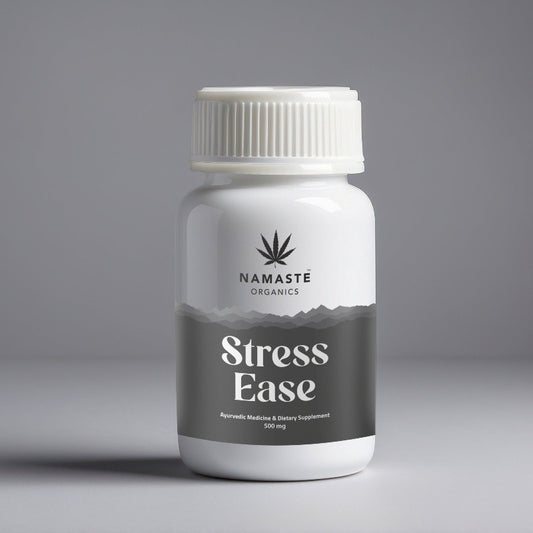 Bottle of Namaste Organics Stress Full spectrum CBD Oil tablet Ease supplement on a gray background