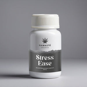 Bottle of Namaste Organics Stress Full spectrum CBD Oil tablet Ease supplement on a gray background