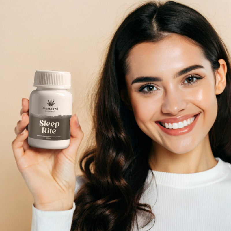 Woman holding a bottle labeled 'Sleep Rite'  Full spectrum CBD Oil tablet against a beige background