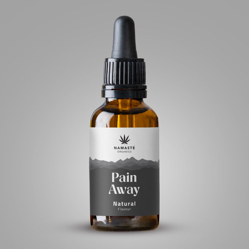 Bottle of Namaste Organics Pain Away Full spectrum CBD Oil natural flavor on a gray background
