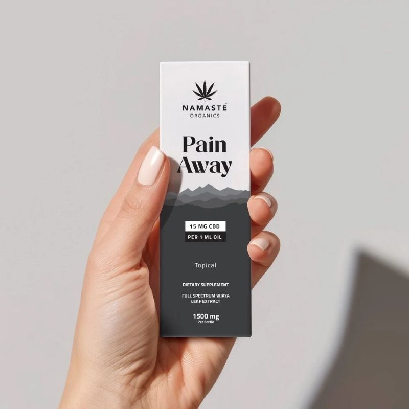 Hand holding a 'Pain Away' Full spectrum CBD Oil product box by Namaste Organics against a gray background