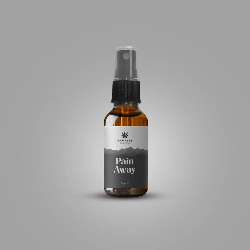 Bottle labeled 'Pain Away' Full spectrum CBD Oil with a Namaste organics on a gray background