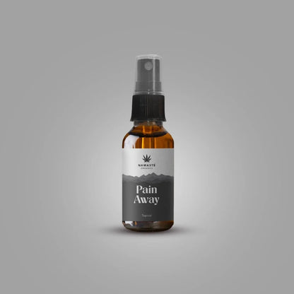 Bottle labeled 'Pain Away' Full spectrum CBD Oil with a Namaste organics on a gray background