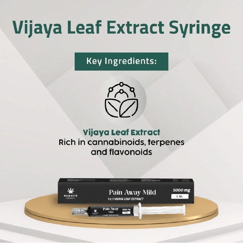 Vijaya Leaf Extract Syringe by Namaste Organics with key ingredients highlighted on a white background