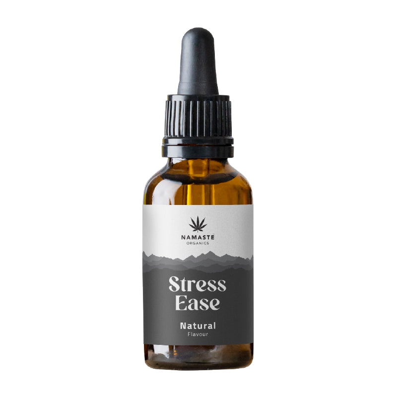 Bottle of Namaste Organics Stress Ease Full spectrum CBD Oil  natural flavor supplement on a white background