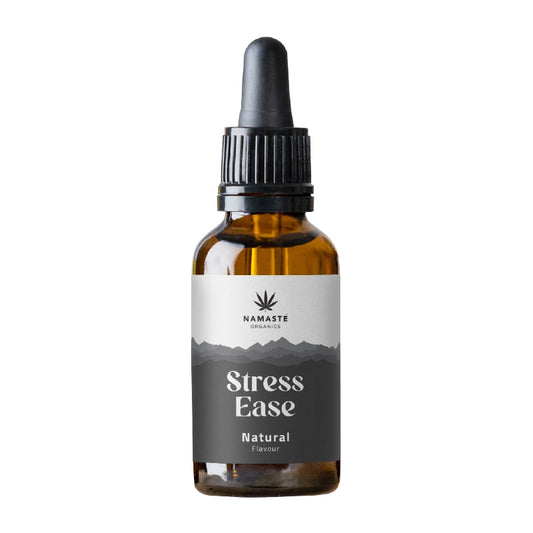 Bottle of Namaste Organics Stress Ease Full spectrum CBD Oil  natural flavor supplement on a white background