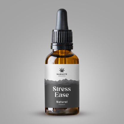 Bottle of Namaste Organics Stress Ease Full spectrum CBD Oil natural flavor on a gray background