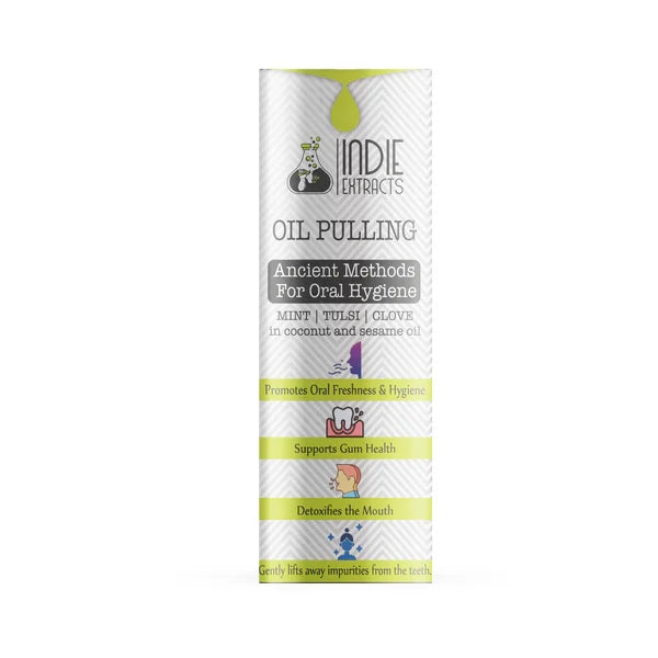 Indie Extracts oil pulling product packaging on a white background