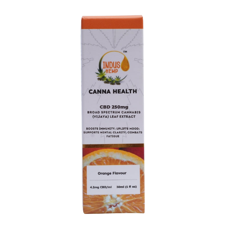 Indus Hemp Canna Health CBD product packaging with orange flavor on a white background