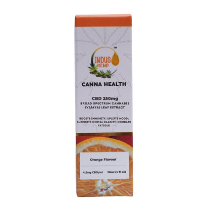 Indus Hemp Canna Health CBD product packaging with orange flavor on a white background