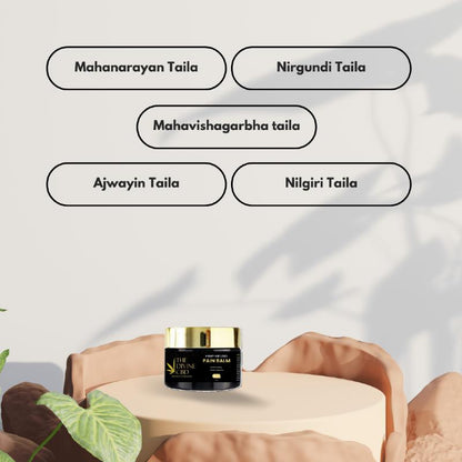 Promotional image of "THE DIVINE CBD Pain Balm" jar with text boxes naming different herbal oils.

