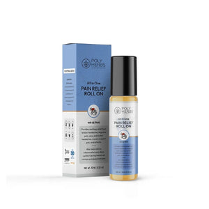 Poly Herbs Pain Relief Roll CBD Oil On with packaging on a white background