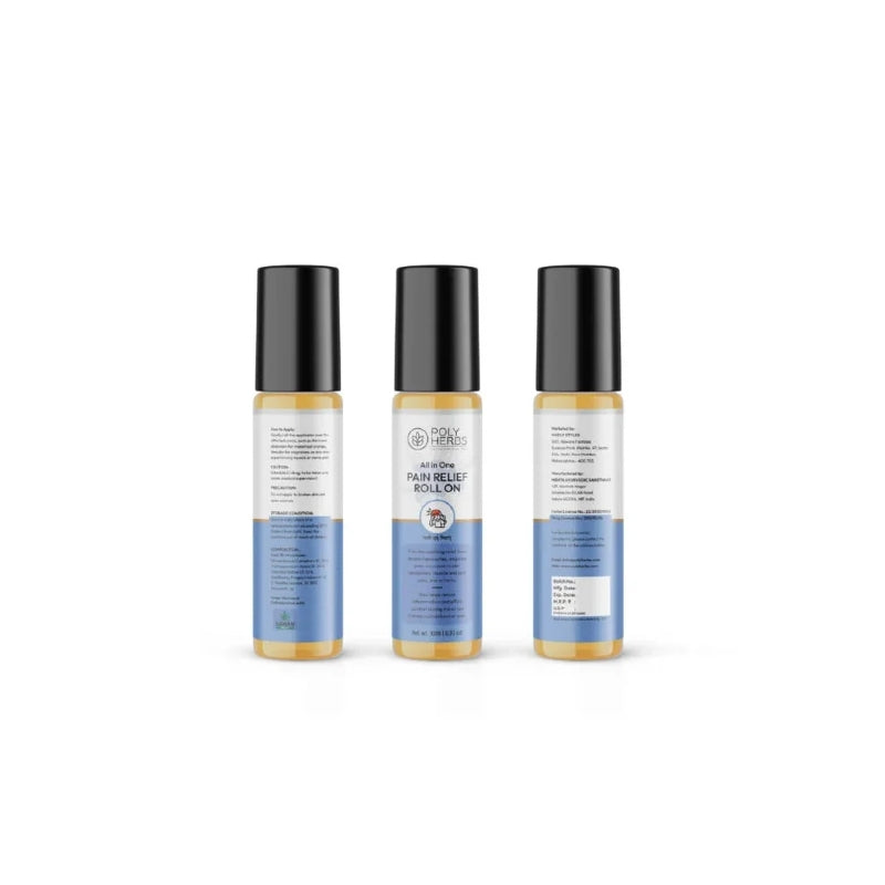 Three CBD Oil roll-on bottles with blue and black design on a white background