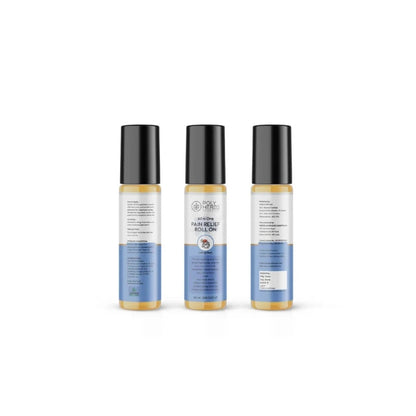Three CBD Oil roll-on bottles with blue and black design on a white background