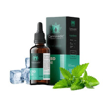 Load image into Gallery viewer, Cannavedic CBD Oil bottle with a box, mint leaves, and ice cubes.
