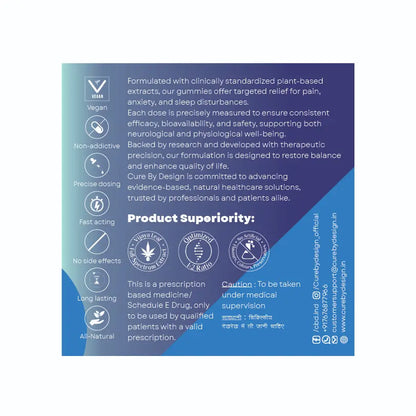 Product label with text and icons on a blue background