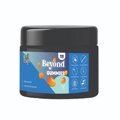 Black container of 'Beyond Gummies' with a blue label on a white background