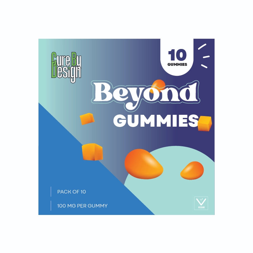 Box of Beyond Gummies with orange gummy bears on a blue and green gradient background
