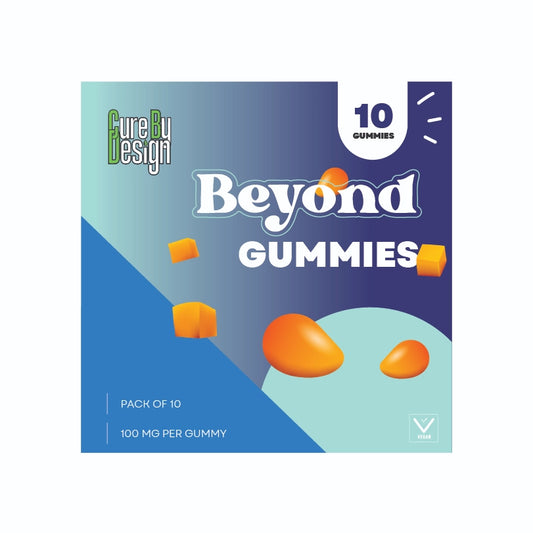 Box of Beyond Gummies with orange gummy bears on a blue and green gradient background
