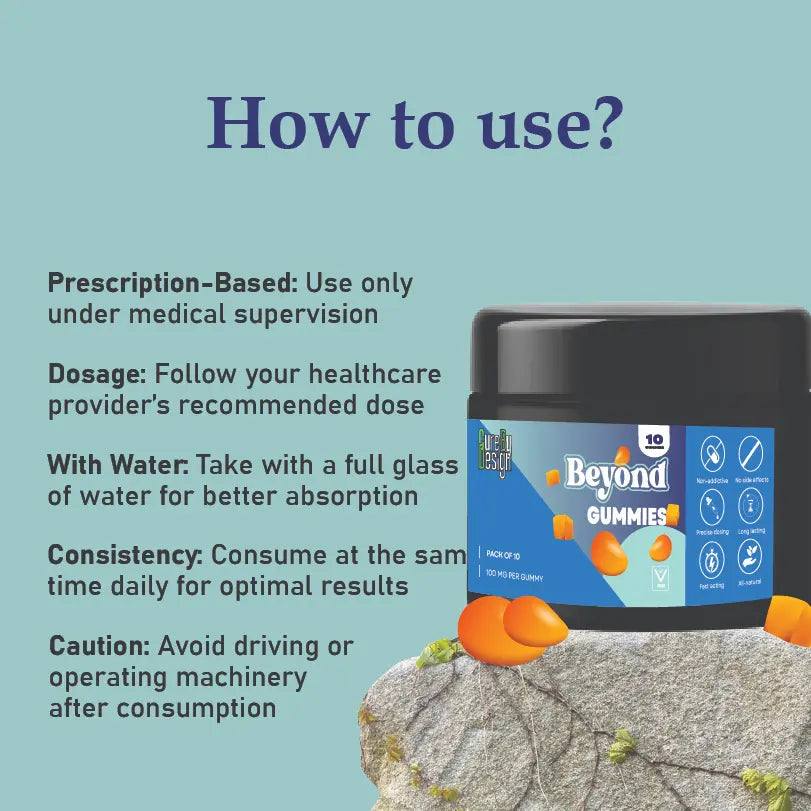 Beyond Gummies supplement container with usage instructions on a light blue background