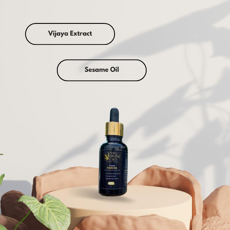Marketing image for Paarmi Cares' "The Divine CBD Pain Oil" product with ingredients labeled "Vijaya Extract" and "Sesame Oil."