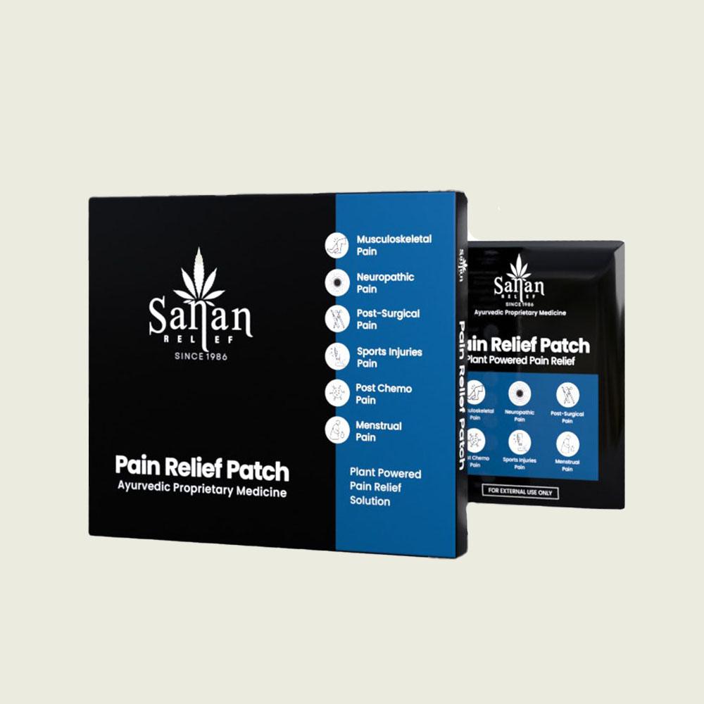 Sanan Relief Pain Relief CBD Patch packaging with black and blue design, detailing different pain relief types.
