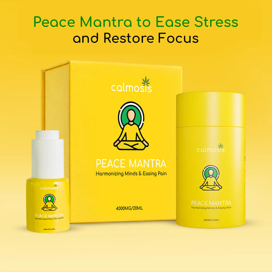 Calmosis Peace Mantra CBD products on a yellow background