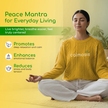 Woman in a yellow sweater meditating with text about 'Peace Mantra CBD Product for Everyday Living' on a yellow background.
